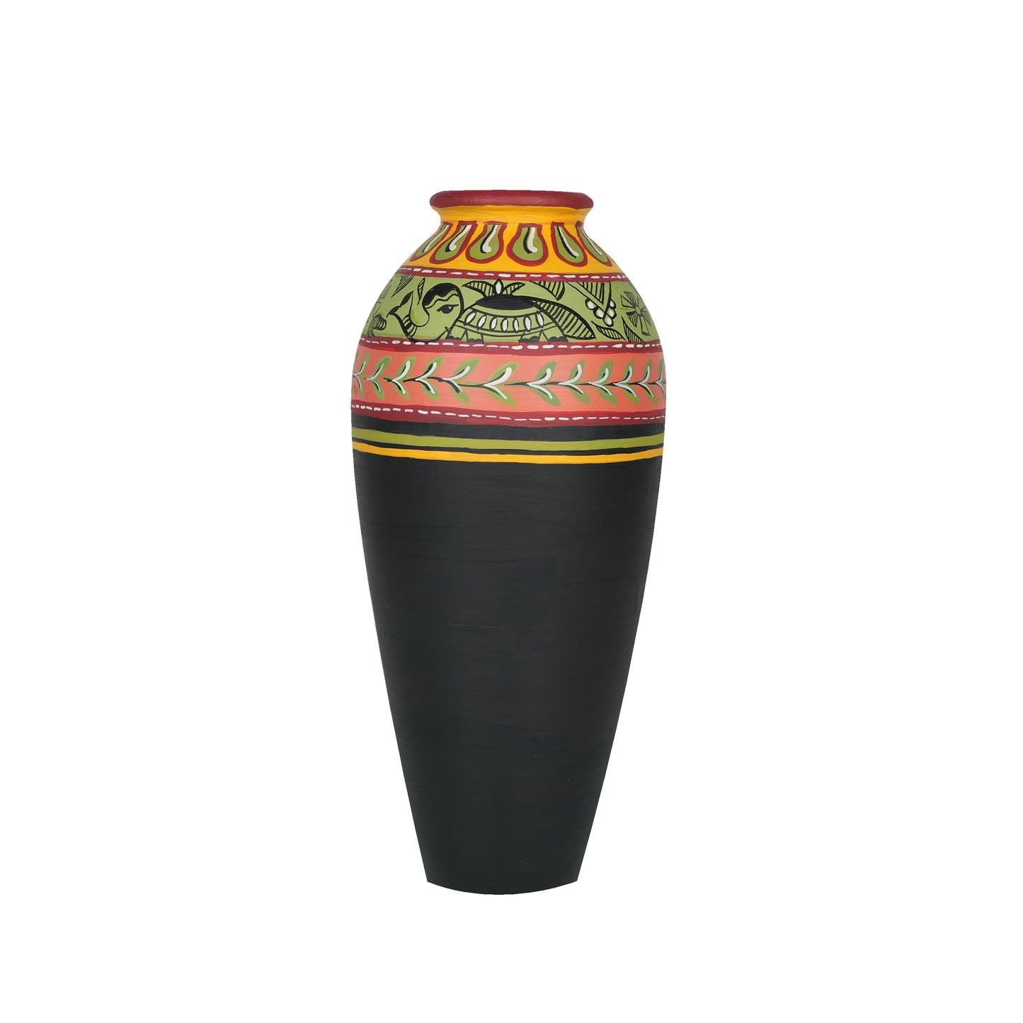 'Madhubani Border' Black Hand-Painted Terracotta Vase, Single
