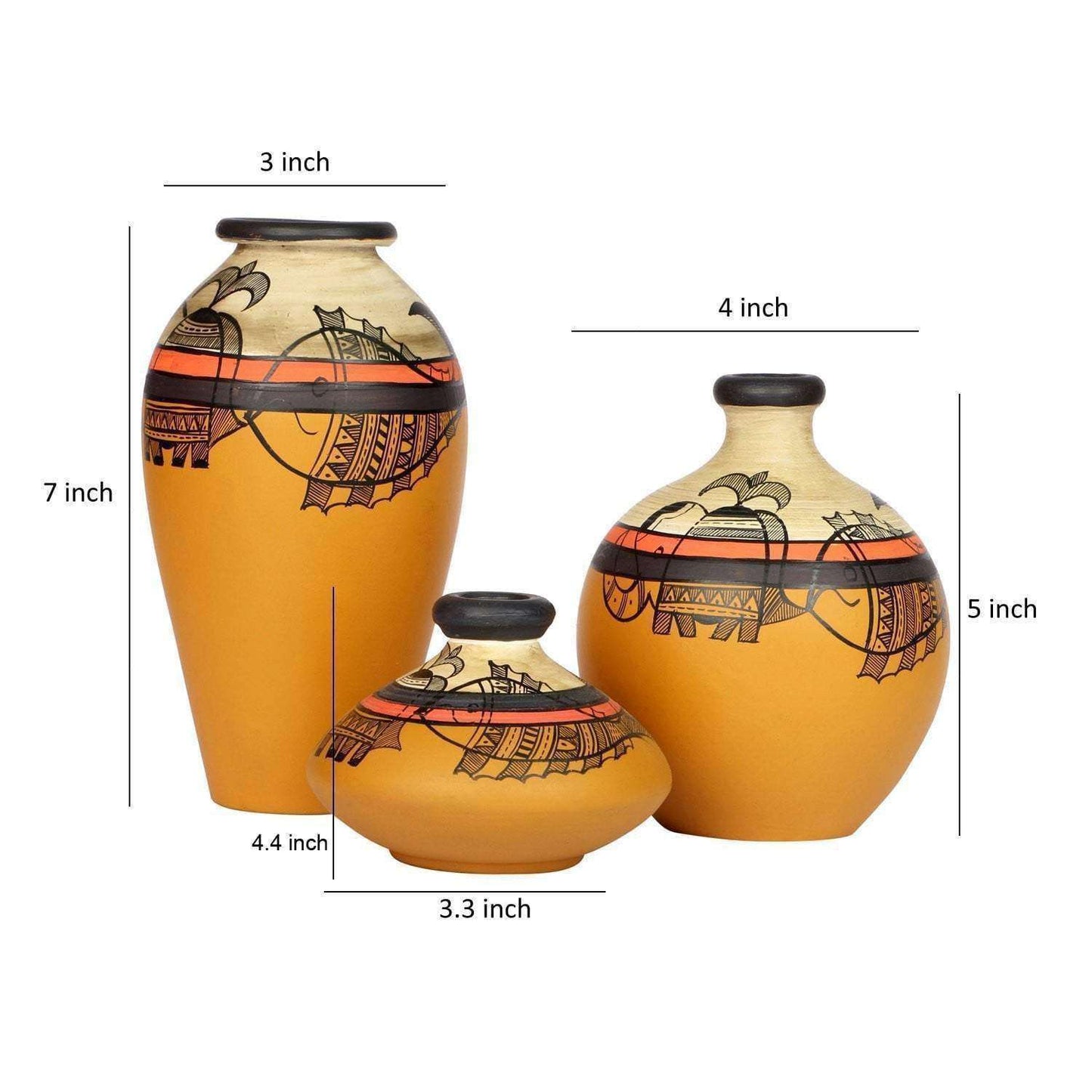 'Madhubani Creatures' Terracotta Vase In Yellow Color, Set of 3