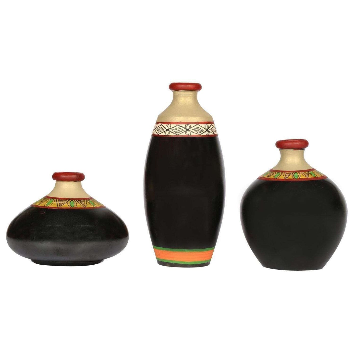 'Madhubani Jungle' Terracotta Vase Hand-Painted In Black Color, Set of 3