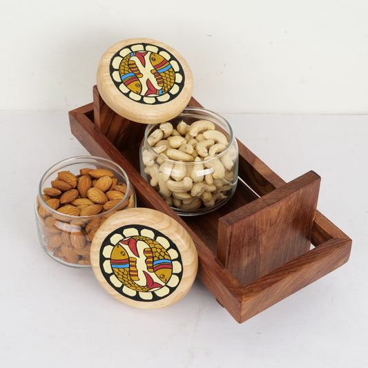'Fish Encircle' Handcrafted Wooden Tray With Two Airtight Glass Jar (300 ml) - artystagallery