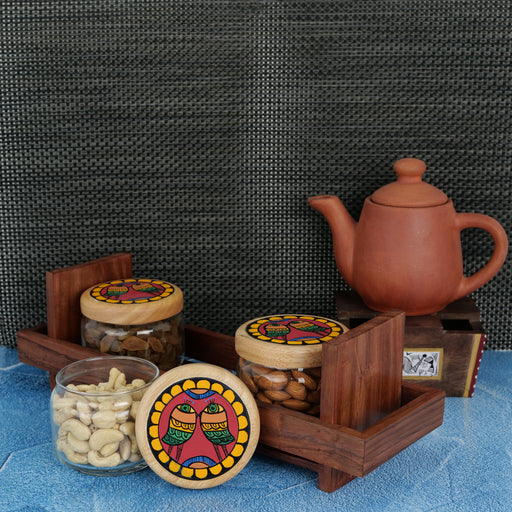 'Chirping Birds' Glass Jar Set In With Wooden Tray - artystagallery