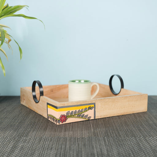 Wooden Handpainted Square Tray With Round Handle