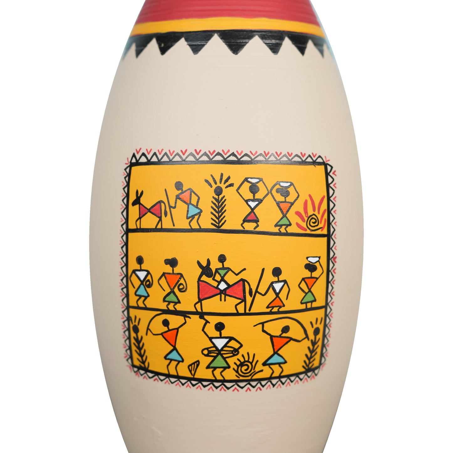'Warli Jharokha' Beige Terracotta Big Decorative Vase, Single 9 Inch