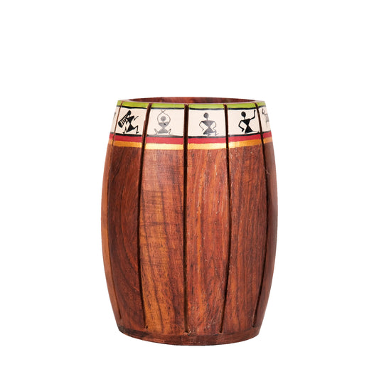 'Warli Barrel' Wooden Cutlery Cum Stationary Holder