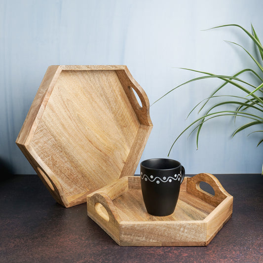 'Hexagonal Duo' Wooden Serving Tray, Set of 2