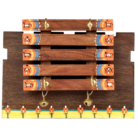 'Warli Block' Handcrafted Wooden Key Holder for Wall (4 Key Hooks)