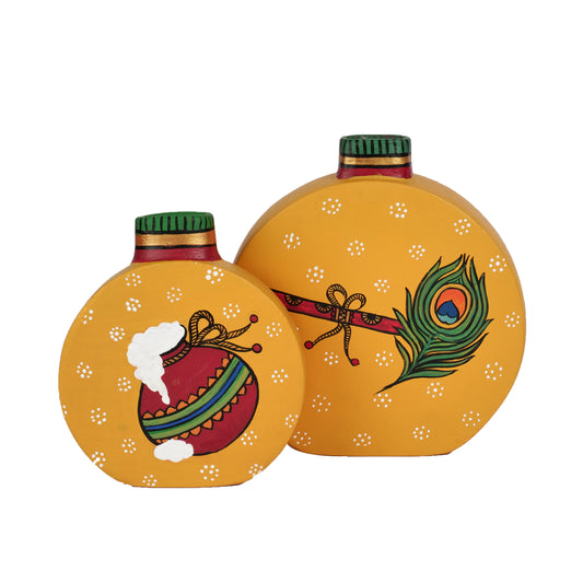 'Mor Pankh' Terracotta Vase Hand-Painted In Yellow Color, Set of 2