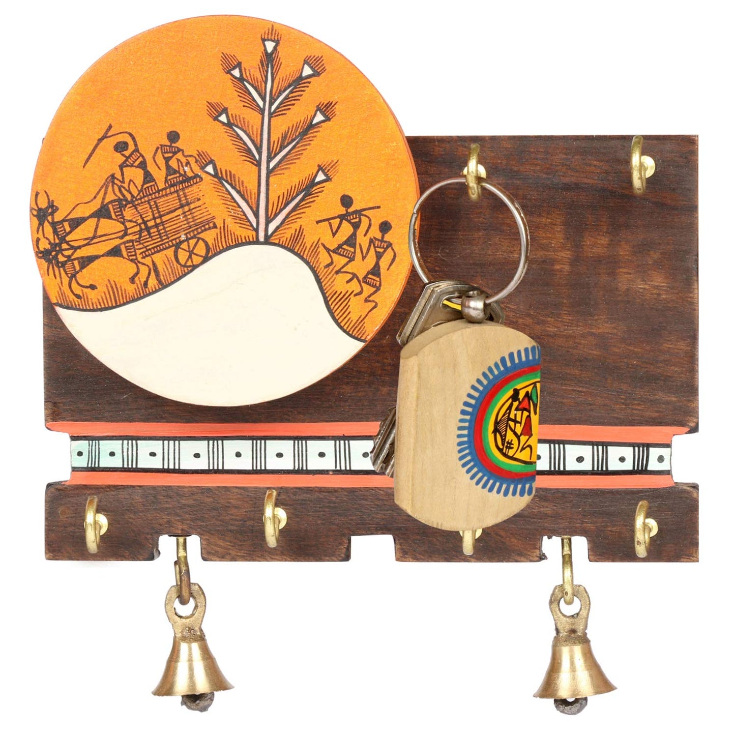 'Warli Slab' Handcrafted Wooden Key Holder for Wall (6 Key Hooks)