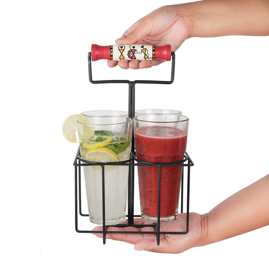 'Warli Dancing' Juice Glasses With Stand In Red Colour, Set of 4