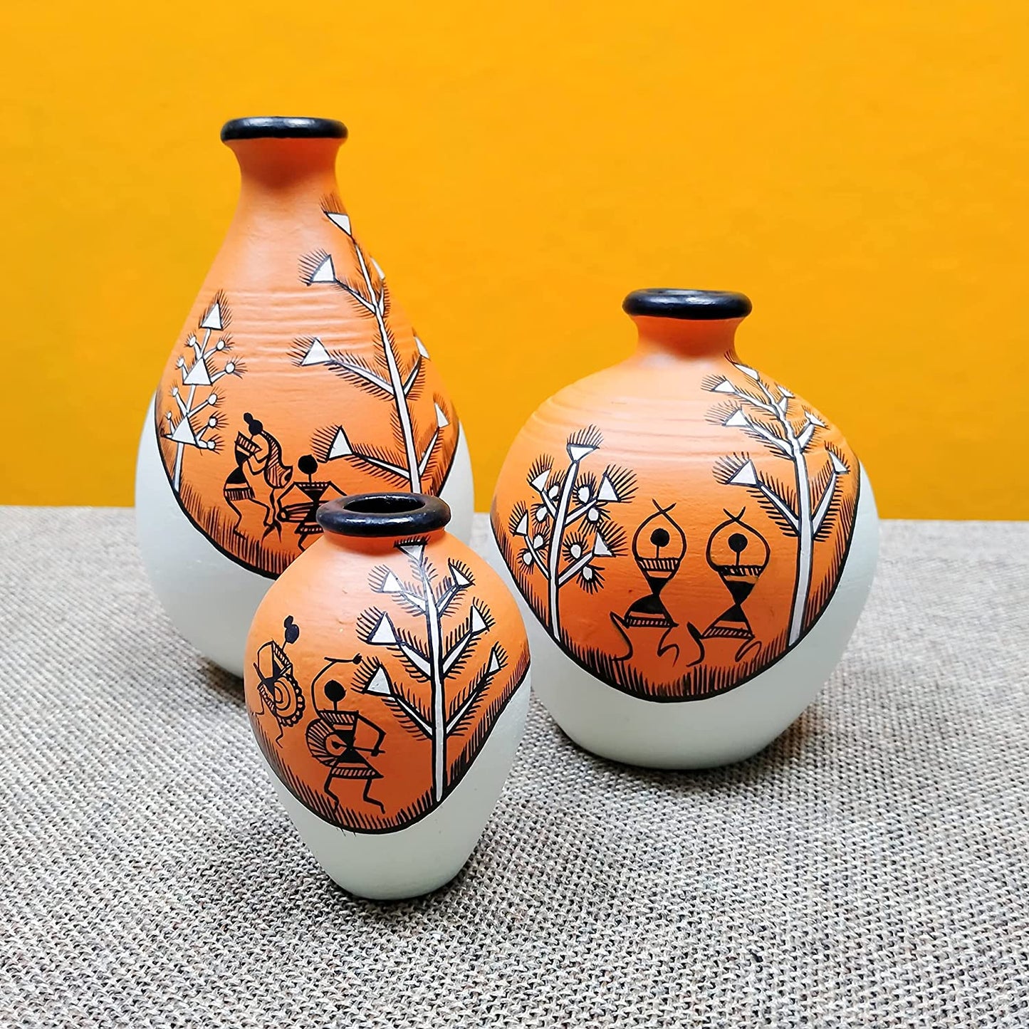 Warli Design Terracotta Vases In Orange Color, Set of 3