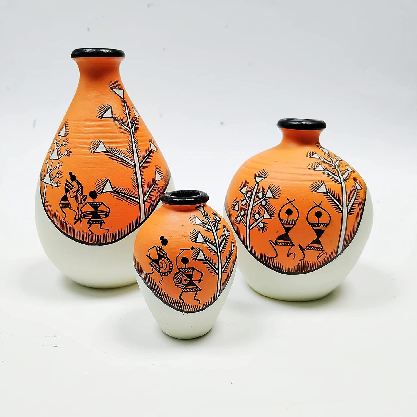 Warli Design Terracotta Vases In Orange Color, Set of 3