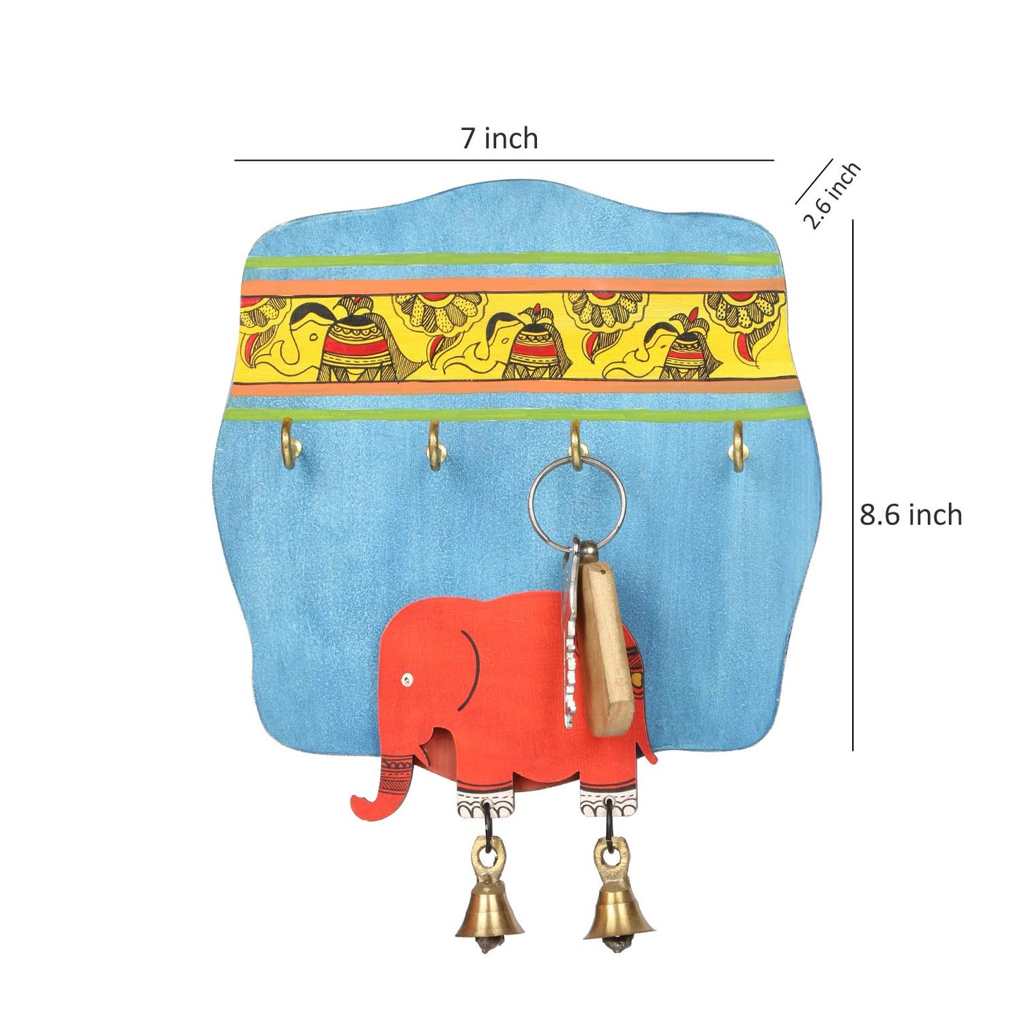 'Bells & Elephants' Handcrafted Wooden Key Holder for Wall