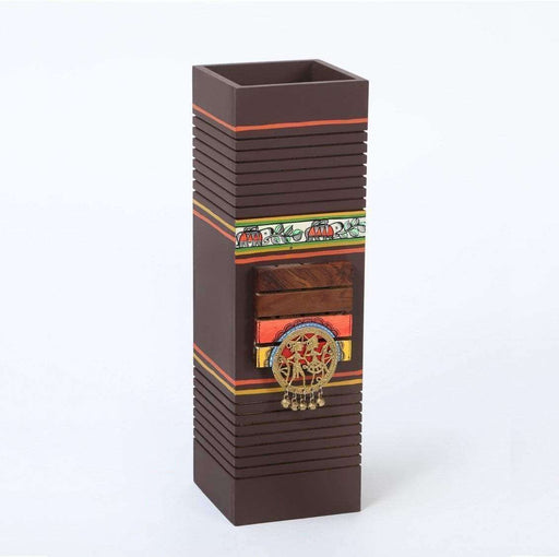 ‘Madhubani Cuboid’ Hand-painted Wooden Flower Vase With Dhokra Art