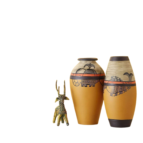 Terracotta Vase Hand-Painted In Yellow Color, Set of 2