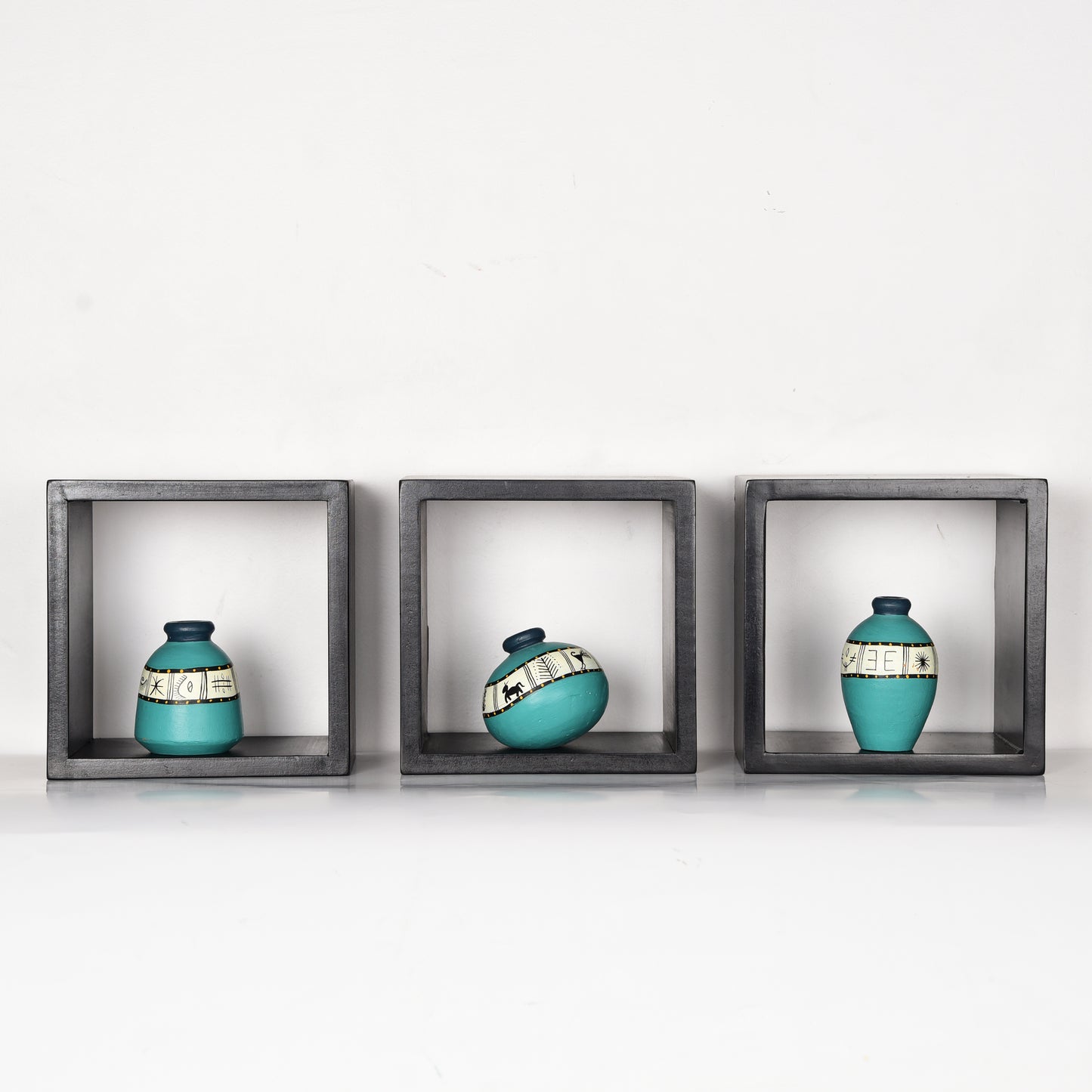 Miniature Terracotta Vases in Aqua Blue Color, Set of 3
