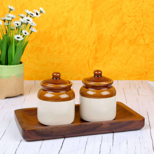 Ceramic Pickle Jar With Sheesham Wooden Tray - artystagallery