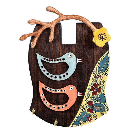'Chirping Bird' Handcrafted Wooden Key Holder (4 Key Hooks)
