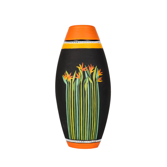 'Tropical Meadows' Terracotta Handpainted Vase In Black Color, 9 Inch