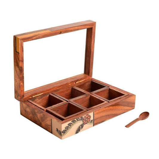 Wooden Decorative Box With Container and Spoon-Wooden Masala Box For Kitchen - artystagallery