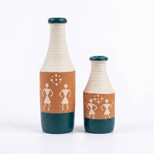 Artysta 'Warli' Small Hand-Painted Terracotta Dry Flowers Pots (Set of 2)