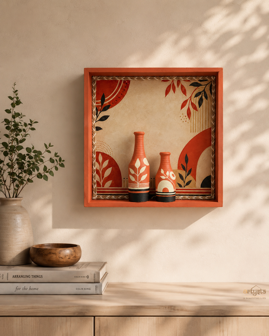 Artysta 'Abstract Art' Vase with Wooden Frame | Vase for Living Room | Wall Hangings for Living Room | Wall Mount Decorative Item | Handpainted Wall Hanging (30 x 30 x 6 cm)