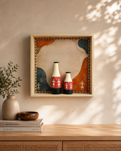Artysta 'Warli' Vase with Wooden Frame | Vases For Home Decoration | Wall Hanging Decoration | Small Vases For Decor | Housewarming Gifts (30 x 30 x 6 cm)