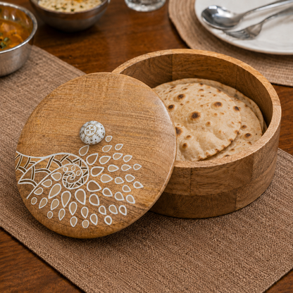 Artysta 'White Peacock' Wooden Chapati Box | Wooden Casserole For Roti | Chapati Box For Kitchen | Roti Box with Lid | Housewarming Gifts | Handpainted Roti Box | Mango Wood 8inch, 1080ml