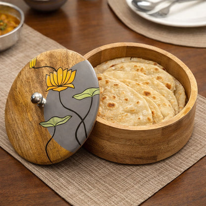 Artysta Handpainted Wooden Chapati Box with Lid (Mango Wood, 8 inch, 1080 ml)