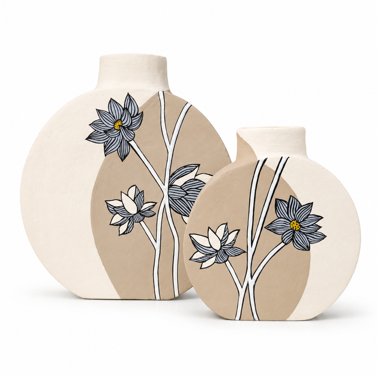 ‘Lotus’ Terracotta Dry Flower Vase In Light Brown & White, Set of 2