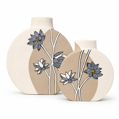‘Lotus’ Terracotta Dry Flower Vase In Light Brown & White, Set of 2