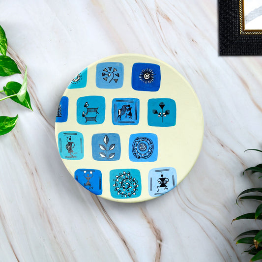 'Warli Square' Blue Handpainted Terracotta Decorative Wall Plate, 9 Inch