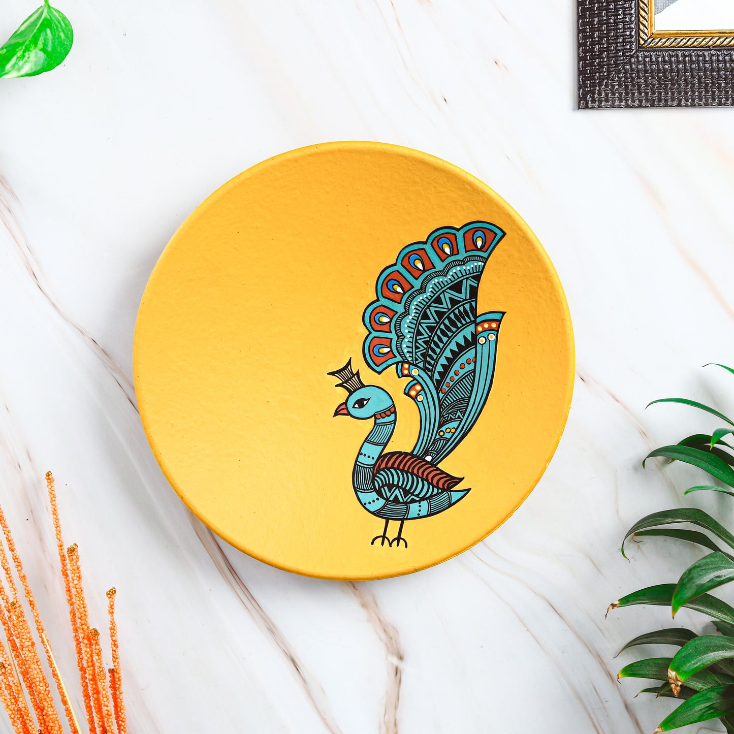 'Dancing Peacock' Yellow Hand-Painted Terracotta Decorative Wall Plate, 9. 5 Inch