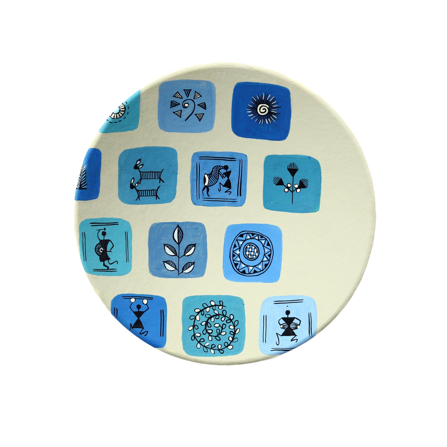 'Warli Square' Blue Handpainted Terracotta Decorative Wall Plate, 9 Inch