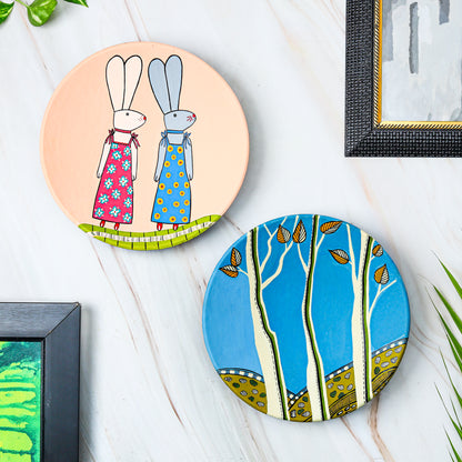 'Bunny n Trees' Handpainted Terracotta Decorative Wall Plate, Set of 2 (9 Inch)