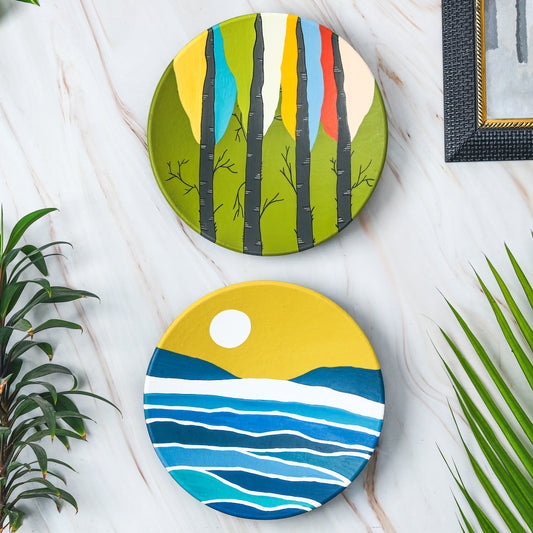'Serene Nature' Hand-Painted Terracotta Decorative Wall Plate, Set of 2 (9.5 Inch)