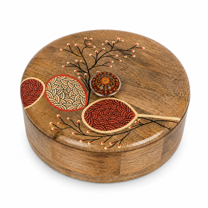 Artysta 'Cherry Blossom' Wooden Chapati Box | Wooden Casserole For Roti | Chapati Box For Kitchen | Roti Box with Lid | Housewarming Gifts | Handpainted Roti Box | Mango Wood 8inch, 1080ml