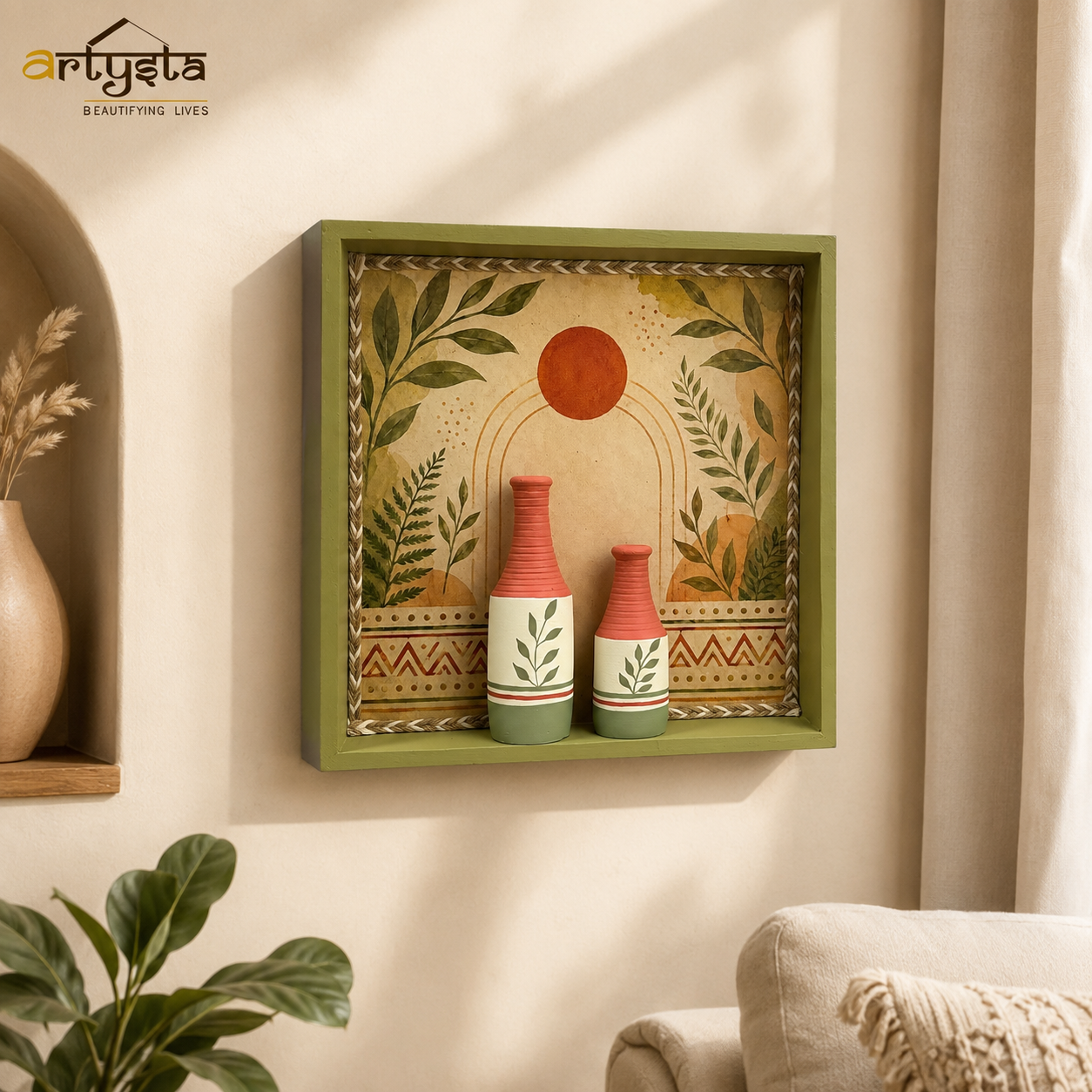 Artysta ' Olive Leaf ' Hand Painted Terracotta Vase with Wooden Frame | Vase for Home Decor | Wall Hanging Decoration | Terracotta Décor Items | Wooden Frame (30 x 30 x 6Cm)