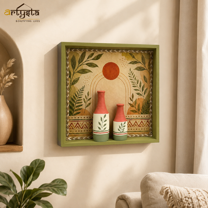 Artysta ' Olive Leaf ' Hand Painted Terracotta Vase with Wooden Frame | Vase for Home Decor | Wall Hanging Decoration | Terracotta Décor Items | Wooden Frame (30 x 30 x 6Cm)