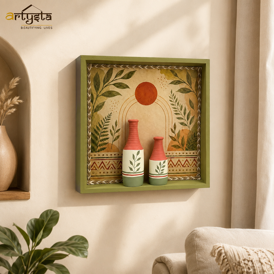Artysta ' Olive Leaf ' Hand Painted Terracotta Vase with Wooden Frame | Vase for Home Decor | Wall Hanging Decoration | Terracotta Décor Items | Wooden Frame (30 x 30 x 6Cm)