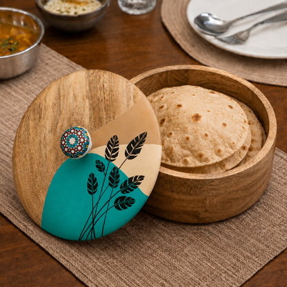 Artysta 'Green Leaf' Wooden Chapati Box | Wooden Casserole For Roti | Chapati Box For Kitchen | Roti Box with Lid | Housewarming Gifts | Handpainted Roti Box | Mango Wood 8inch, 1080ml