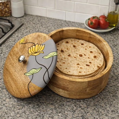 Artysta 'Floating Lotus' Wooden Chapati Box | Wooden Casserole For Roti | Chapati Box For Kitchen | Roti Box with Lid | Housewarming Gifts | Handpainted Roti Box | Mango Wood 8inch, 1080ml