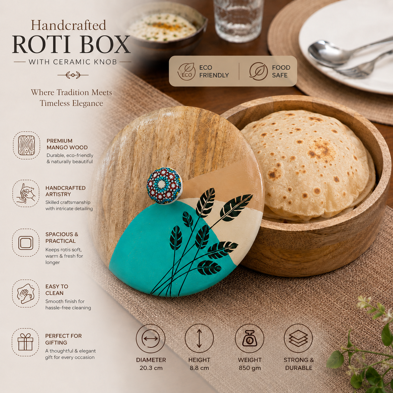 Artysta 'Green Leaf' Wooden Chapati Box | Wooden Casserole For Roti | Chapati Box For Kitchen | Roti Box with Lid | Housewarming Gifts | Handpainted Roti Box | Mango Wood 8inch, 1080ml