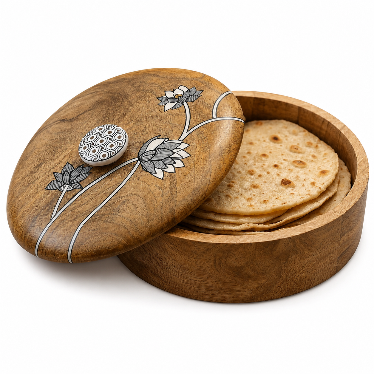 Artysta 'Blooming Lotus' Wooden Chapati Box | Wooden Casserole For Roti | Chapati Box For Kitchen | Roti Box with Lid | Housewarming Gifts | Handpainted Roti Box | Mango Wood 8inch, 1080ml