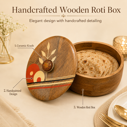 Artysta Handpainted Wooden Chapati Box with Lid (Mango Wood, 8 inch, 1080 ml)