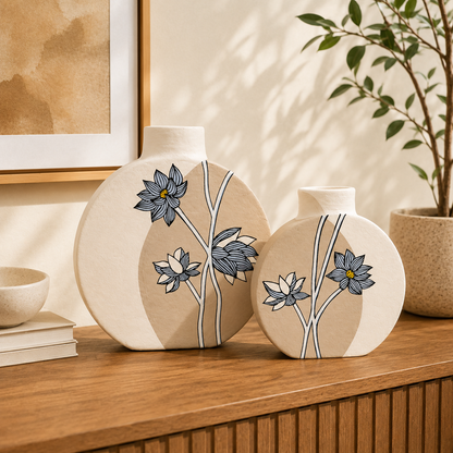 ‘Lotus’ Terracotta Dry Flower Vase In Light Brown & White, Set of 2