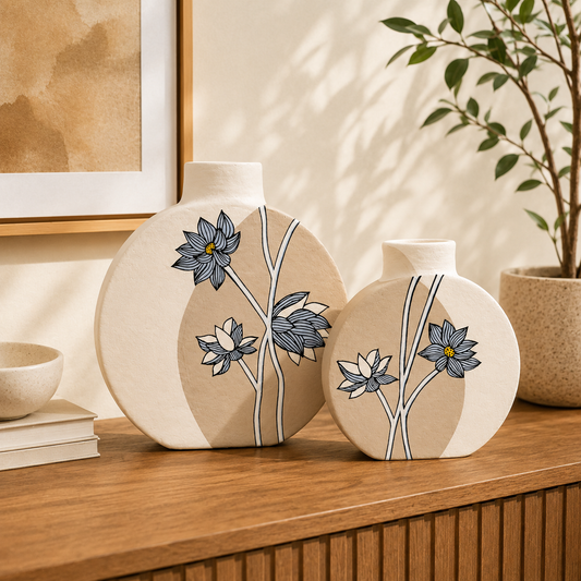 ‘Lotus’ Terracotta Dry Flower Vase In Light Brown & White, Set of 2