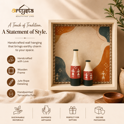 Artysta 'Warli' Vase with Wooden Frame | Vases For Home Decoration | Wall Hanging Decoration | Small Vases For Decor | Housewarming Gifts (30 x 30 x 6 cm)