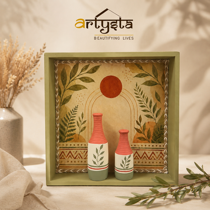 Artysta ' Olive Leaf ' Hand Painted Terracotta Vase with Wooden Frame | Vase for Home Decor | Wall Hanging Decoration | Terracotta Décor Items | Wooden Frame (30 x 30 x 6Cm)