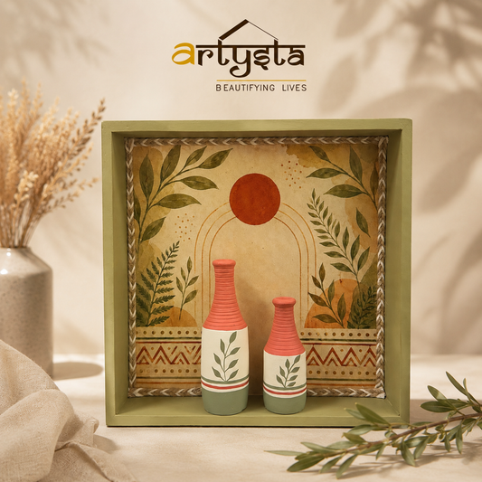 Artysta ' Olive Leaf ' Hand Painted Terracotta Vase with Wooden Frame | Vase for Home Decor | Wall Hanging Decoration | Terracotta Décor Items | Wooden Frame (30 x 30 x 6Cm)