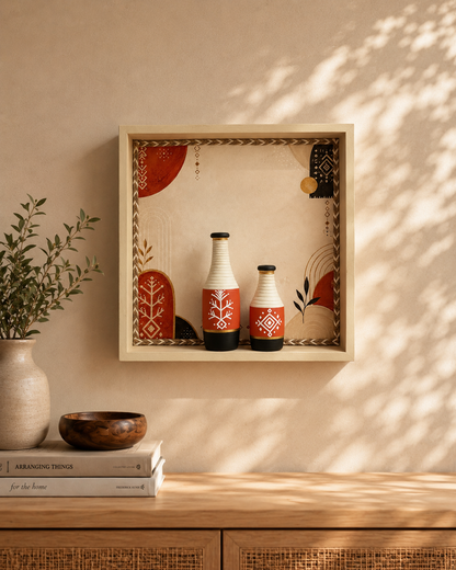 Artysta 'Indian Art' Terracotta Vase with Wooden Frame | Vases for Home Decoration | Wall Hanging Decoration | DRT Flower Vases | Wall Hanging Decoration for Living Room (30 x 30 x 6 cm)